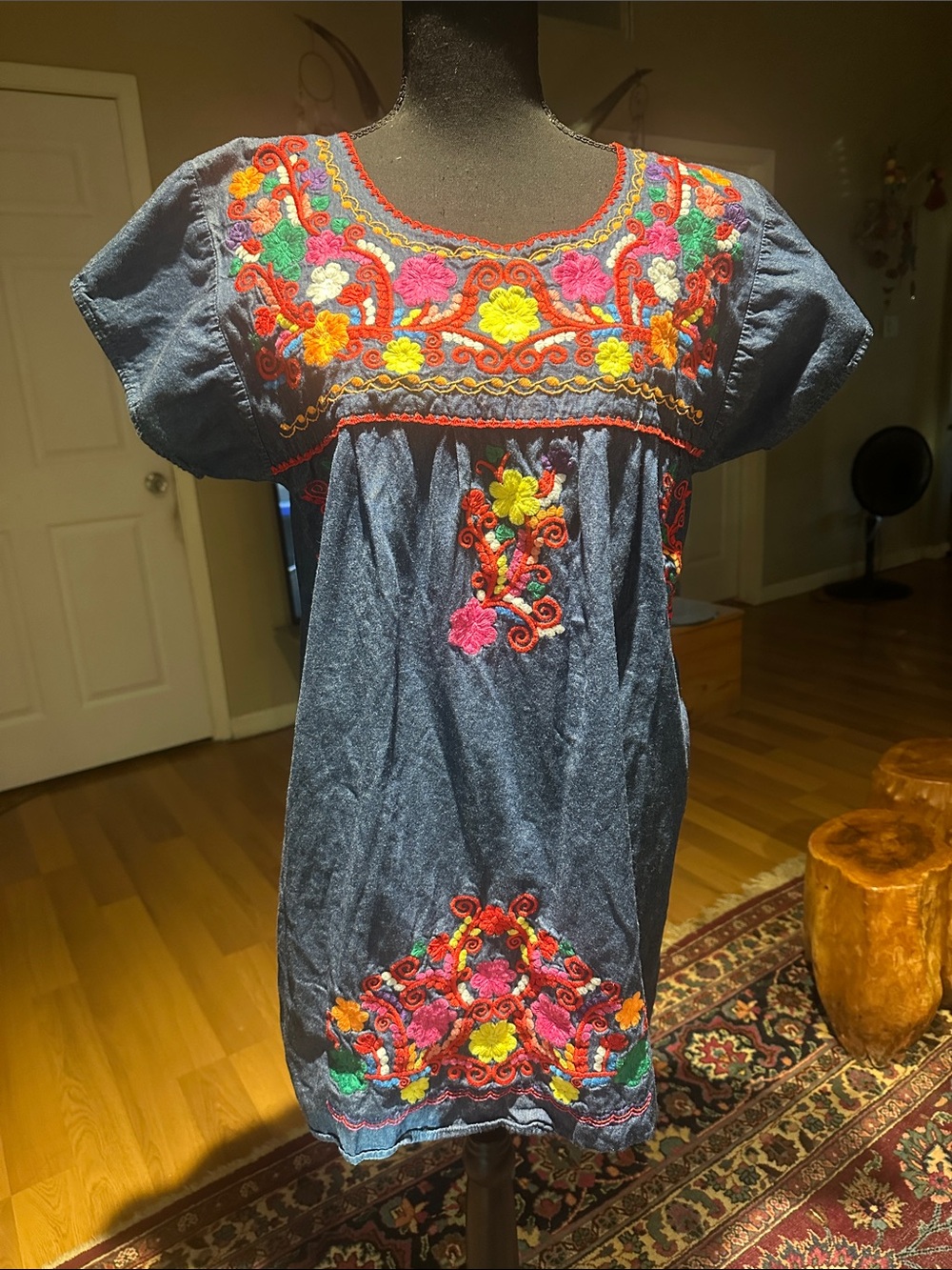 Colorful Floral Embroidered Navy Denim Top
